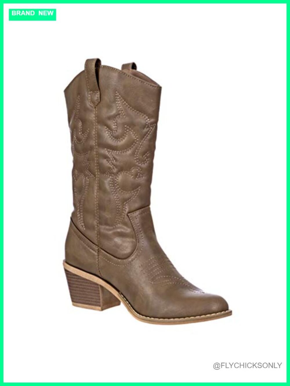 Faux Leather Western Cowgirl Boots Mid-Calf Embroidered Slip On Stacked Heel